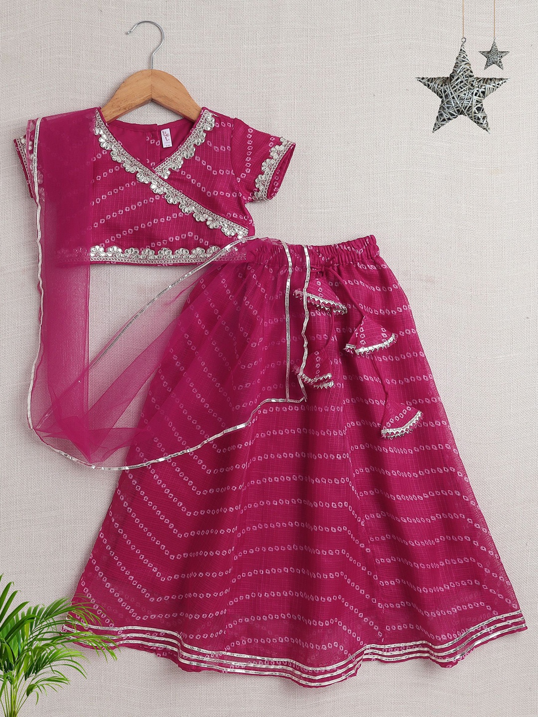 

The Magic Wand Girls Bandhani Printed Gotta Patti Cotton Ready to Wear Lehenga Choli, Fuchsia