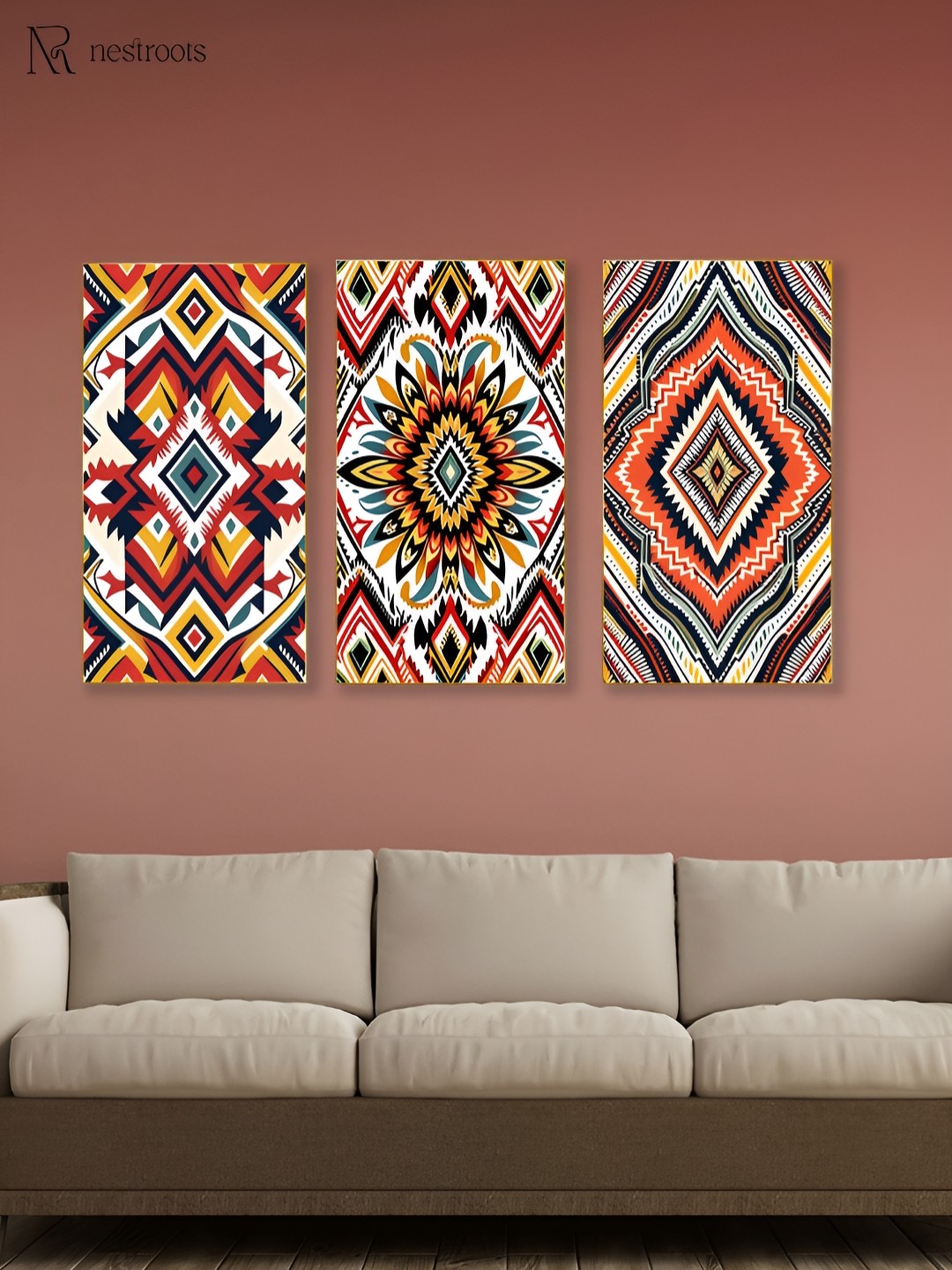 

nestroots Vibrant Tribal Red & Mustard 3 Pieces Canvas Painting Wall Arts