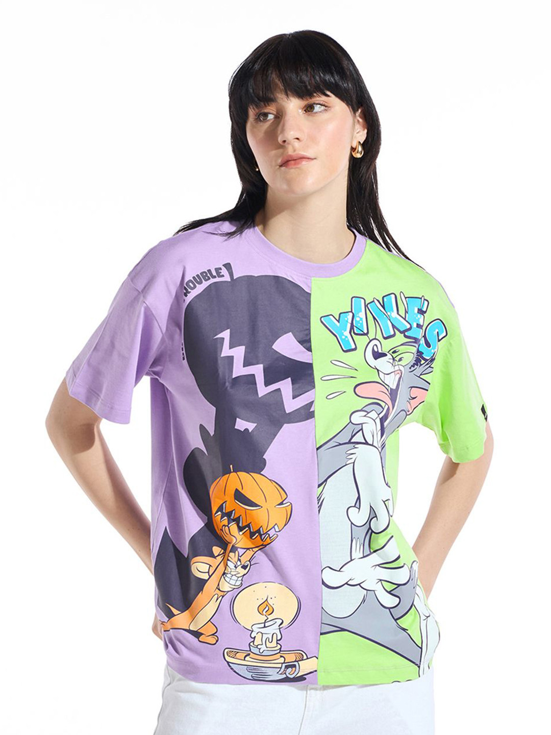 

Bewakoof Women Graphic Printed Round Neck Cotton Oversized Tom & Jerry T-shirt, Purple