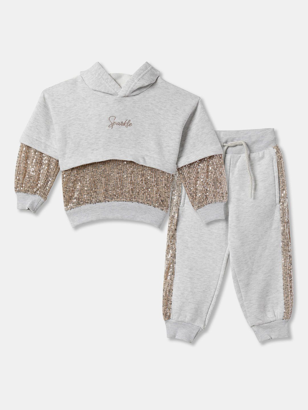 

R&B Embellished Hooded Long Sleeve Sweatshirt With Jogger, Grey