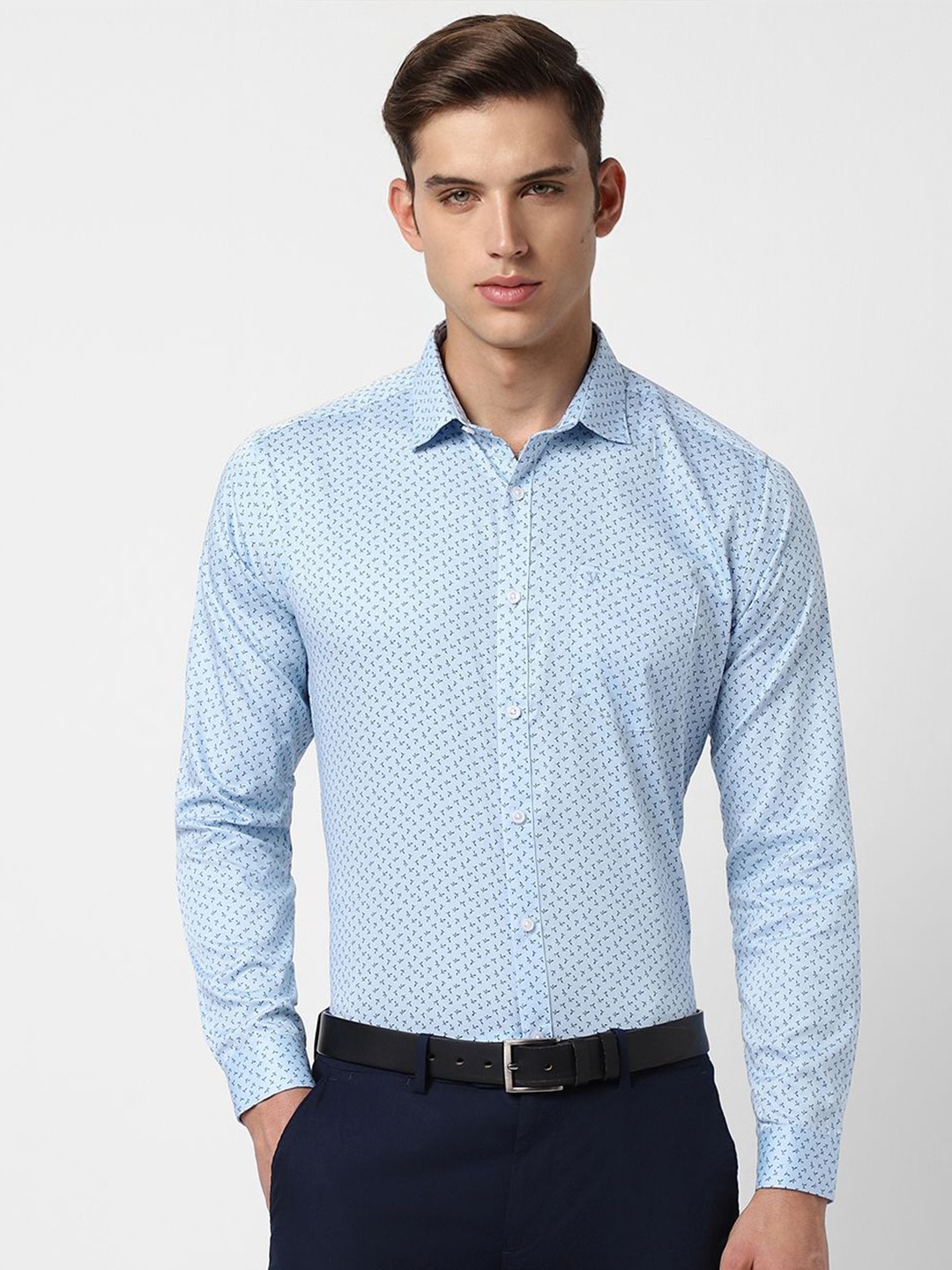 

V Dot Men Spread Collar Micro Ditsy Printed Cotton Slim Fit Formal Shirt, Blue
