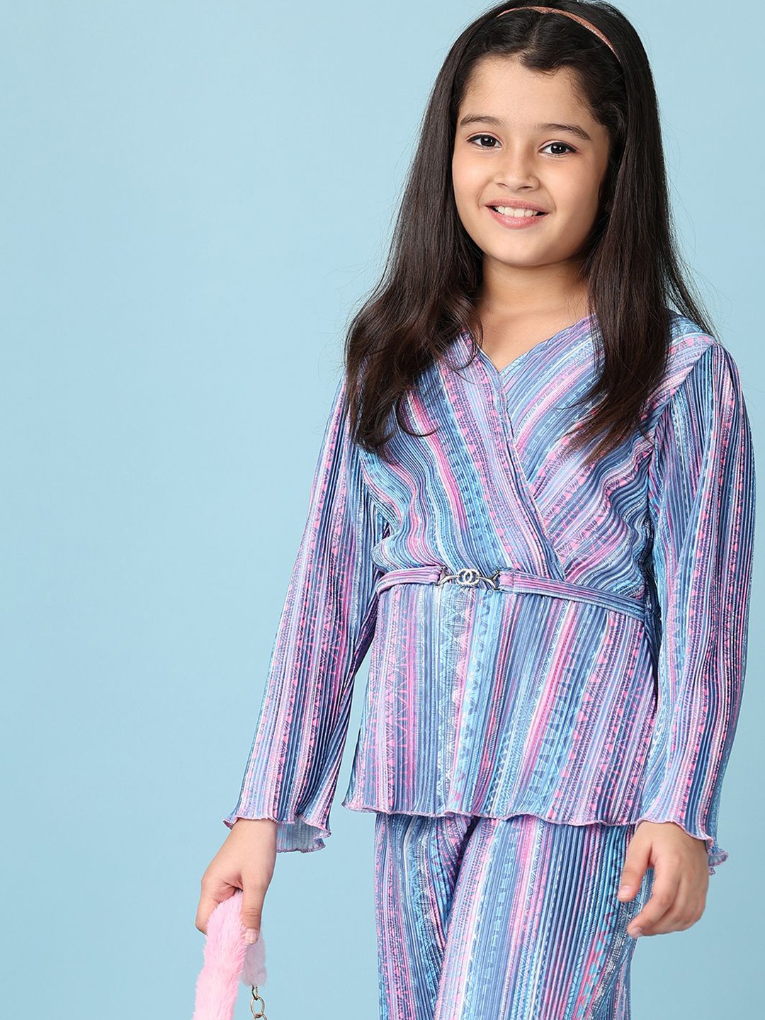 

V-Mart Girls Striped V-Neck Long Sleeves Pure Cotton Top With Palazzo, Blue
