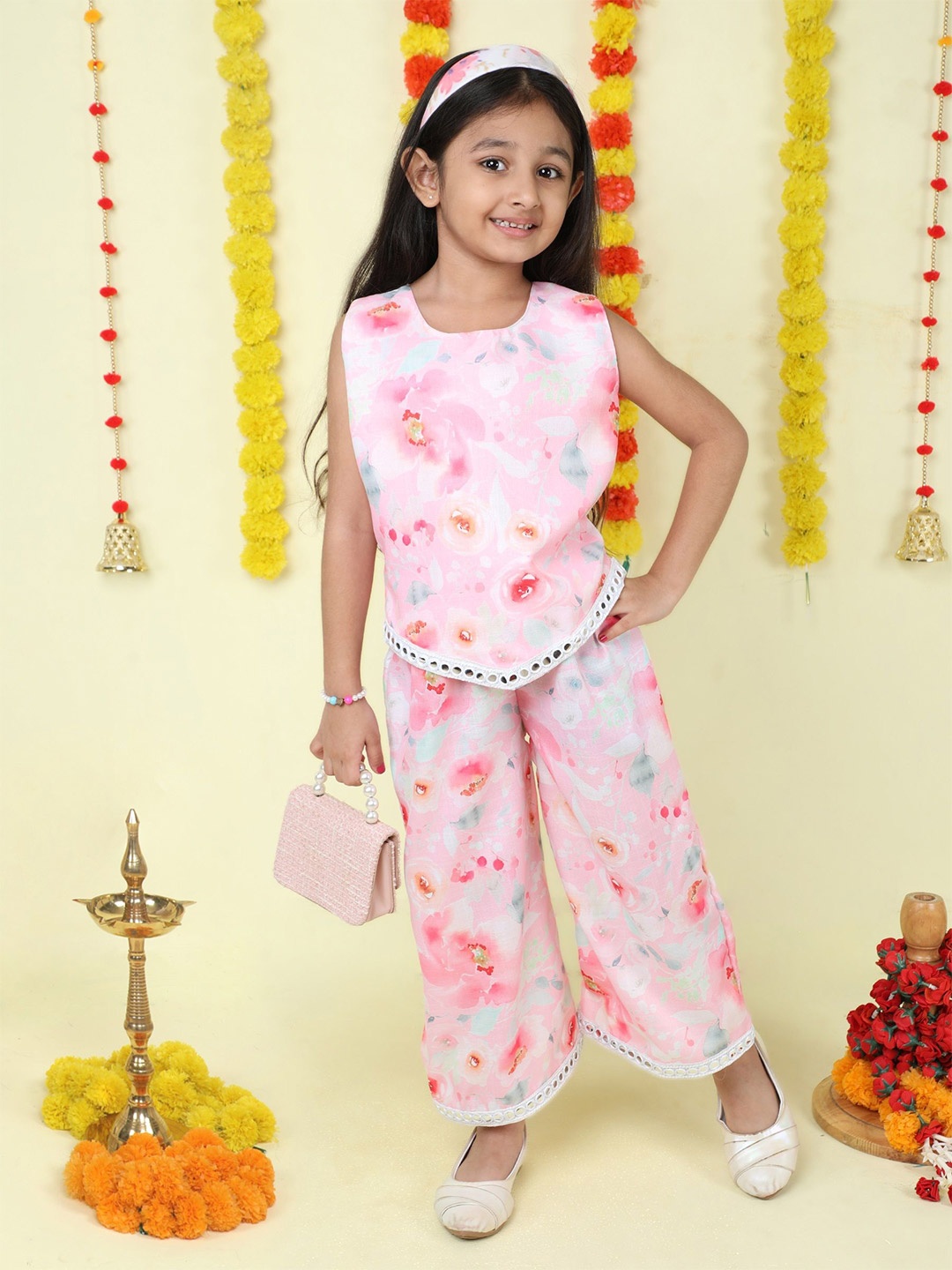 

The Magic Wand Girls Abstract Printed Top with Trousers, Pink