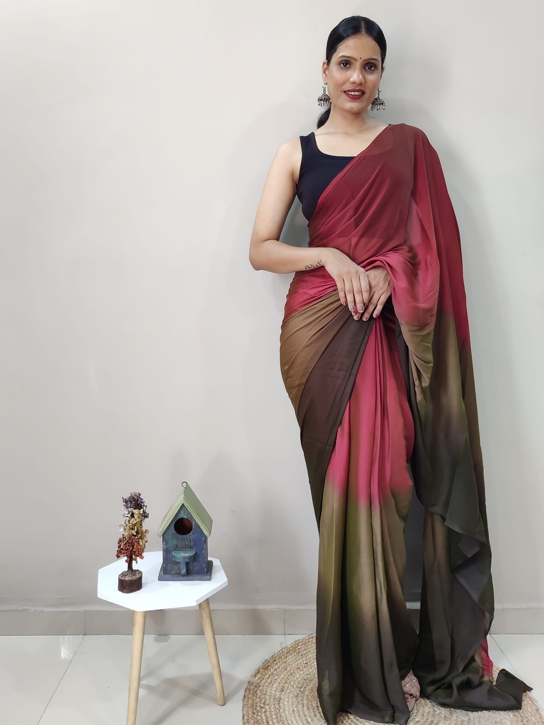 

V3 FASHION STUDIO Ombre Satin Ready to Wear Saree, Red