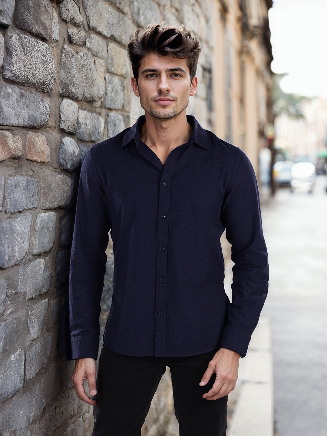 

Celio Men Classic Spread Collar Solid Cotton Casual Shirt, Navy blue