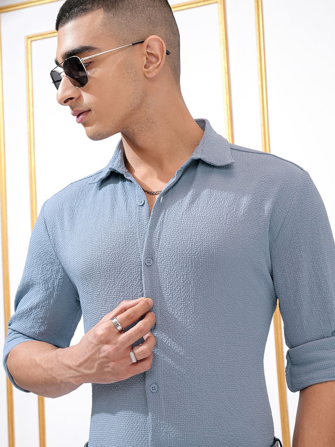 

Highlander Men Popcorn Textured Solid Mui Regular Fit Occasion Shirt, Blue