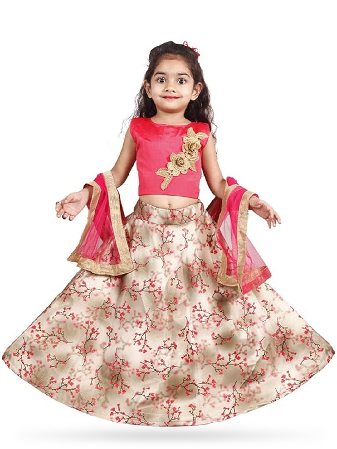 

BAESD Girls Embroidered Thread Work Tie and Dye Ready to Wear Lehenga & Blouse With Dupatta, Pink