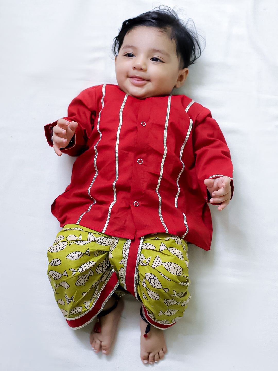 

BownBee Boys Striped Gotta Patti Straight Kurta With Dhoti, Red