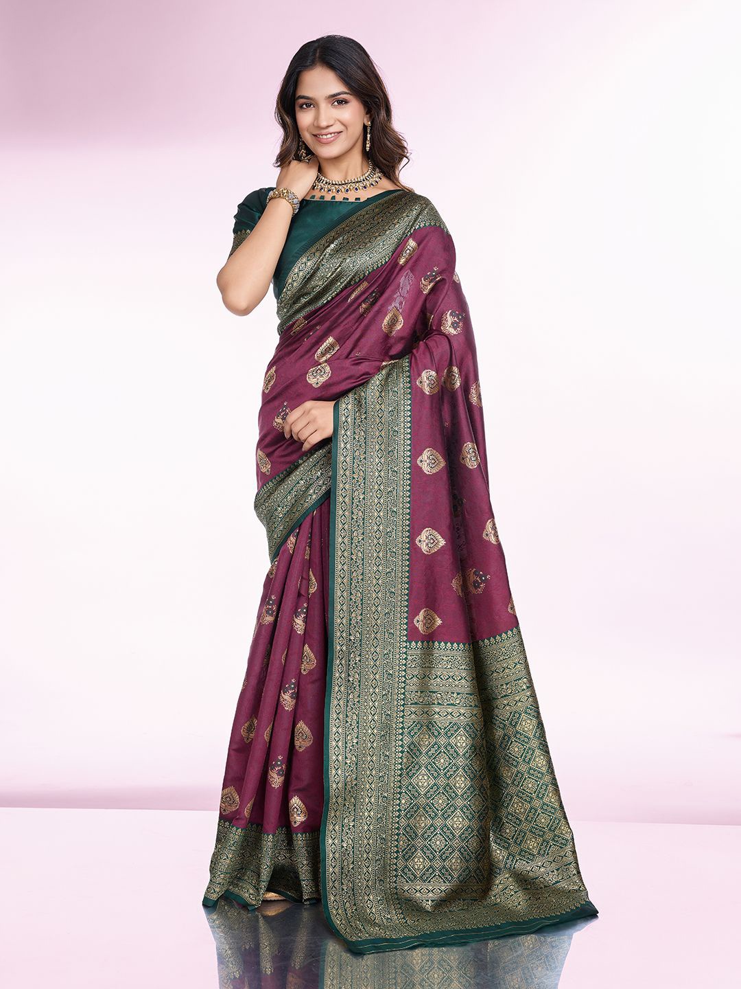 

RICH & ROMAN Woven Design Zari Pure Silk Traditional Banarasi Saree, Burgundy