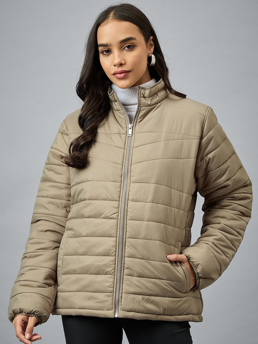 

Club York Women Mock Collar Solid Casual Padded Jacket, Beige