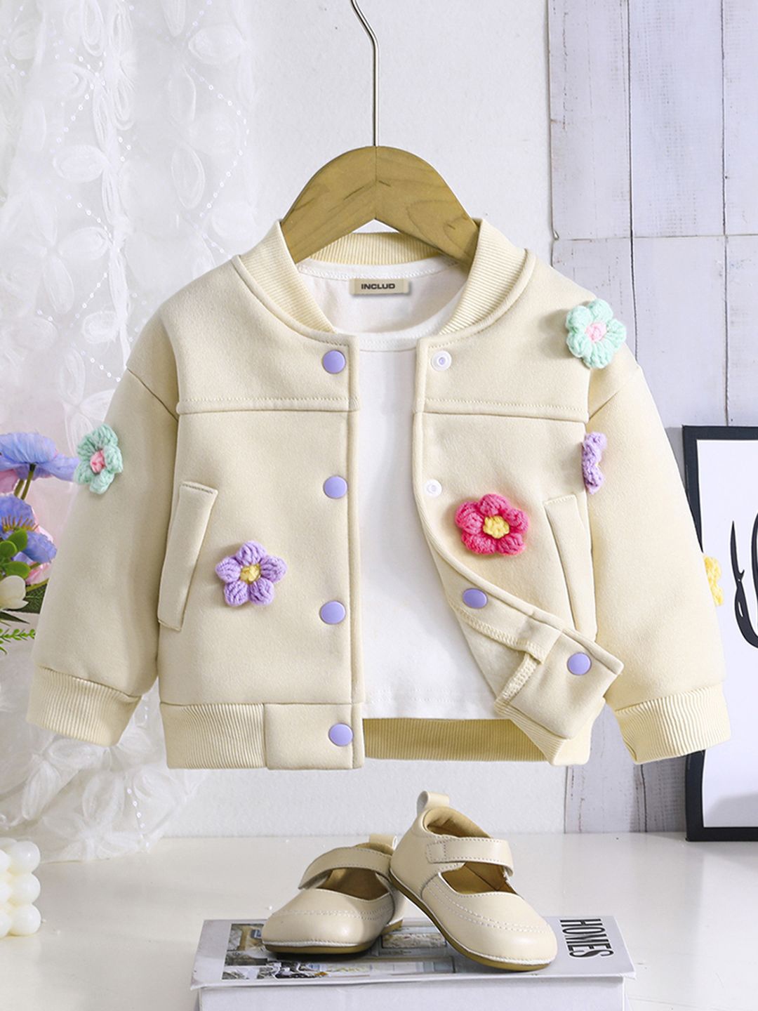

INCLUD Girls Stand Collar Solid Cotton Casual Bomber Jacket, Beige