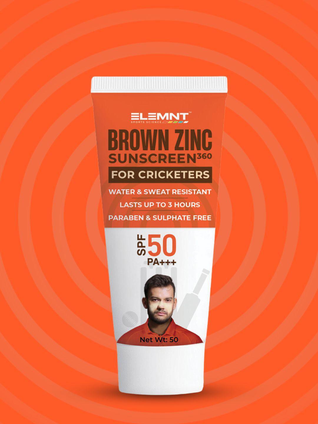 

Elemnt Sports Science Brown Zinc SPF 50 PA+++ Sunscreen 360 for Cricketers - 50g, Orange
