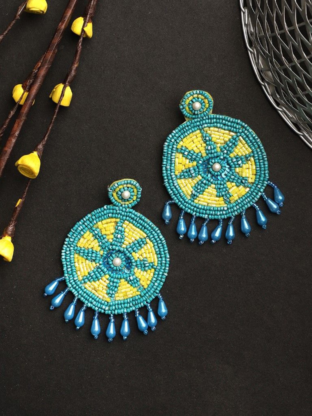 

CARDINAL Pentagram Woven Beaded Geometric Drop Earrings, Blue