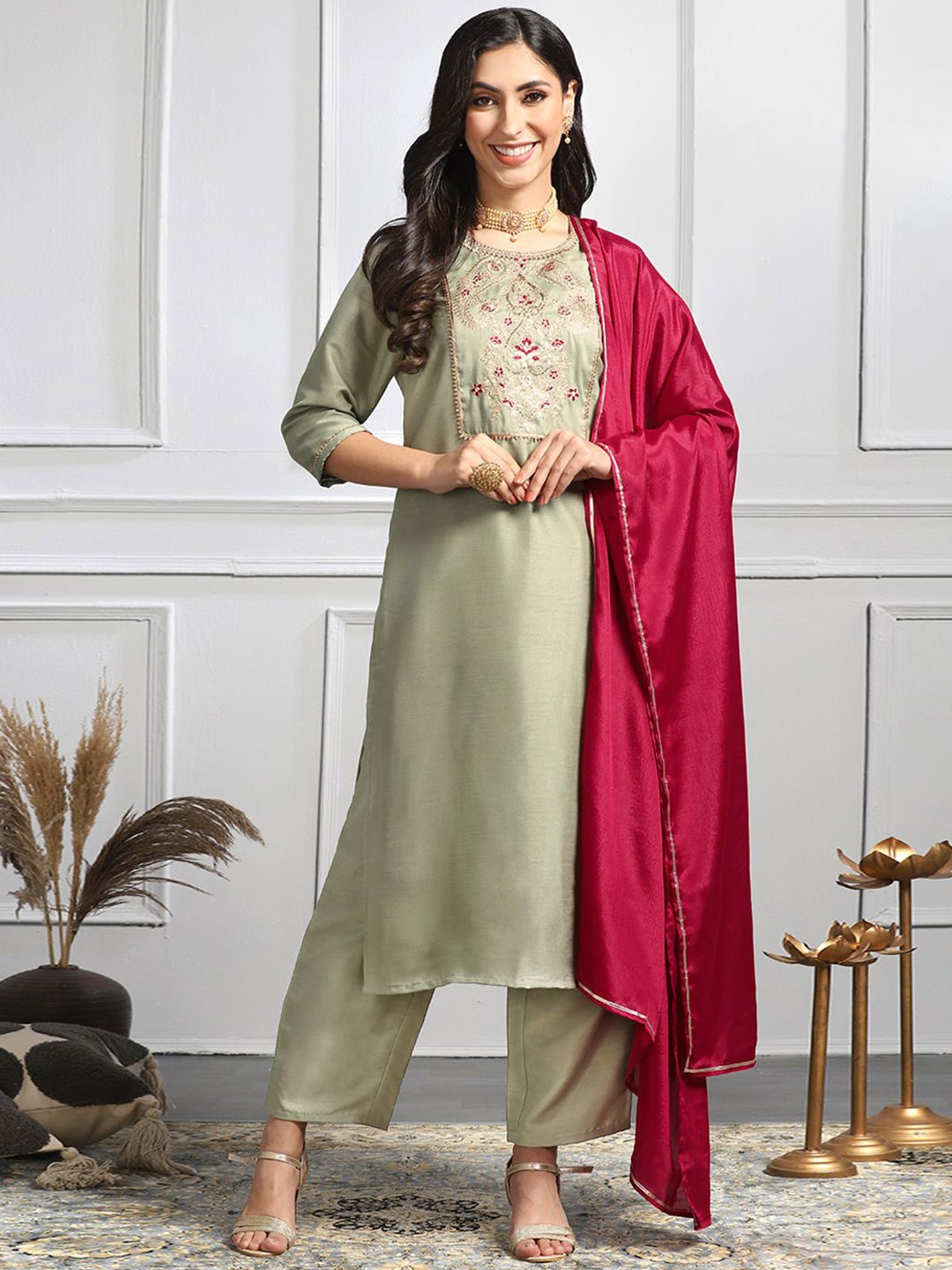 

FASHION DREAM Yoke Design Embroidered Sequined Kurta With Trousers & Dupatta, Green