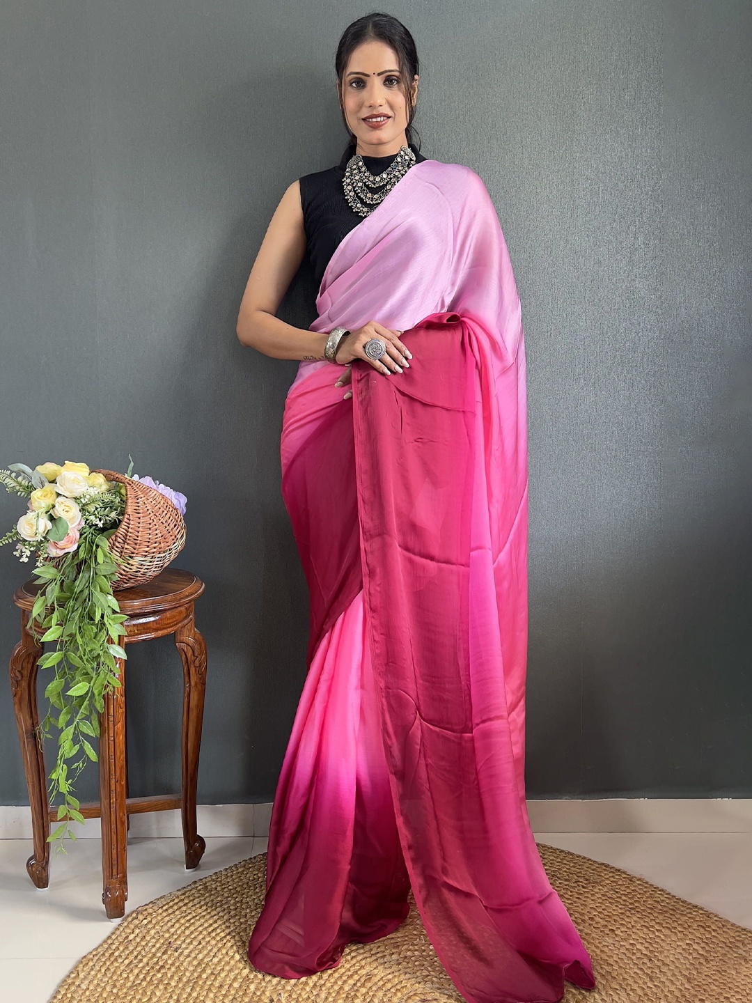 

V3 FASHION STUDIO Ombre Pure Crepe Ready to Wear Saree, Pink