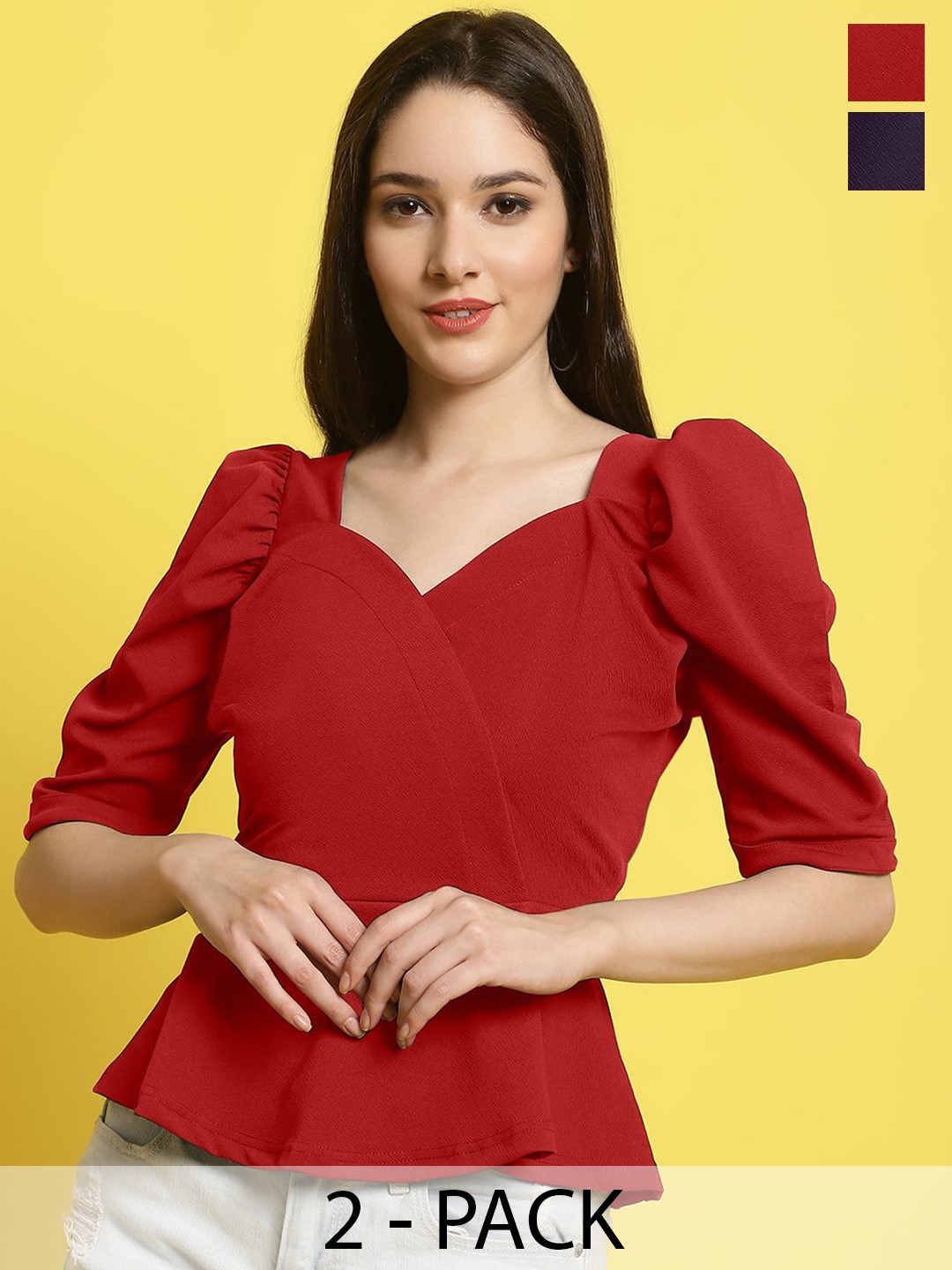 

Metronaut Women Pack Of 2 Sweetheart Neck Crop Top, Red