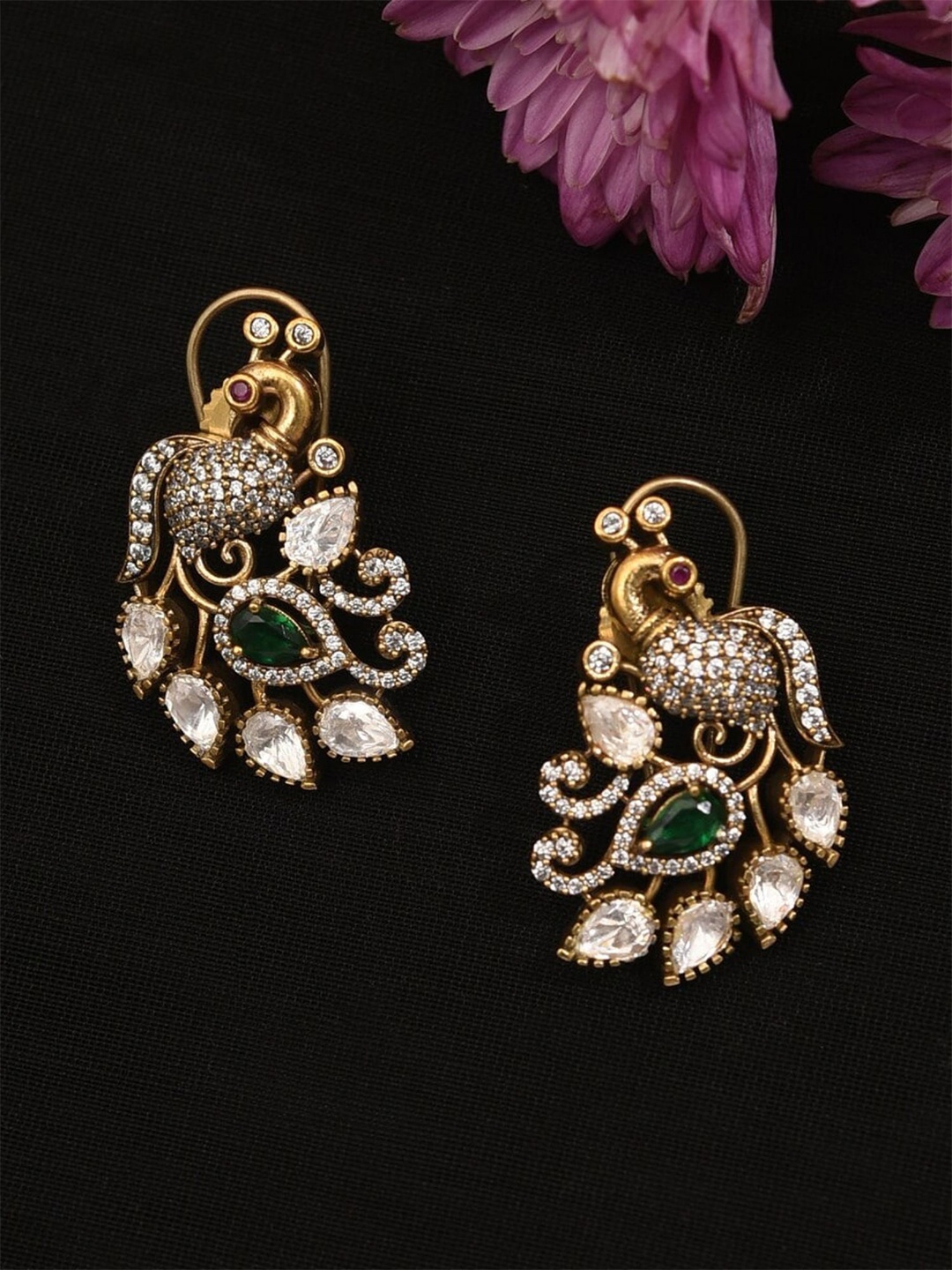 

ABDESIGNS Gold Plated American Diamond Peacock Shaped Drop Earrings