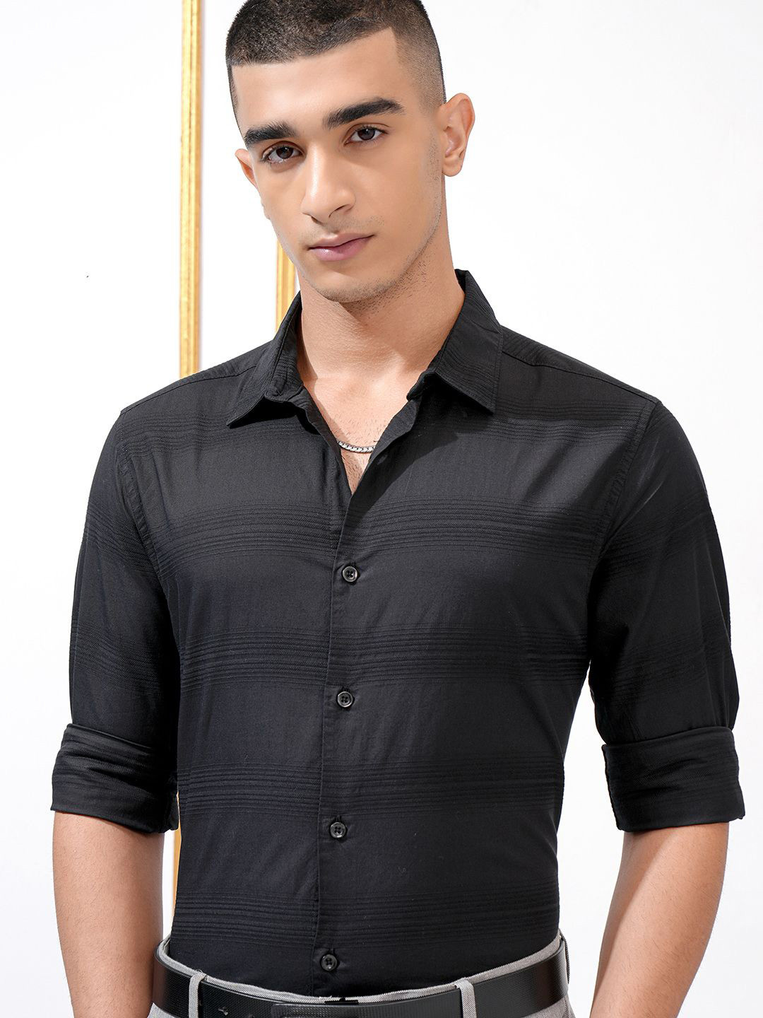 

Highlander Men Dobby Textured Striped Regular Fit Casual Shirt, Black