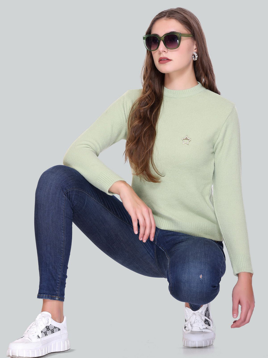 

Melvin Women Self Design Round Neck Woollen Pullover Sweater, Green