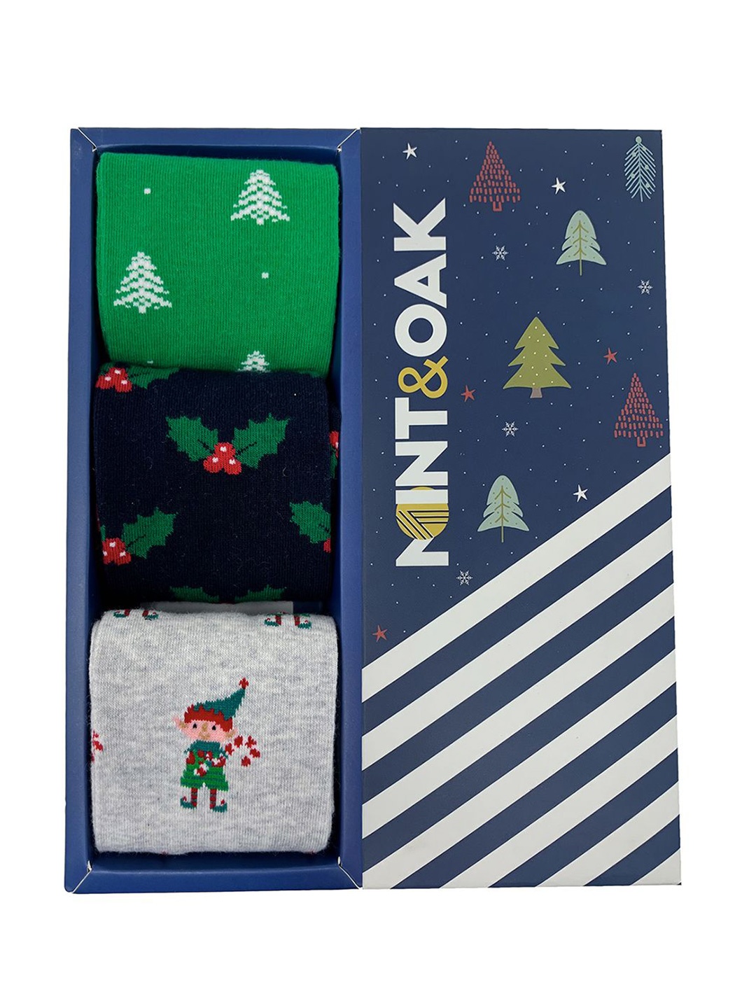 

Mint & Oak Men Pack Of 3 Holiday Harmony Patterned Calf-Length Socks, Green