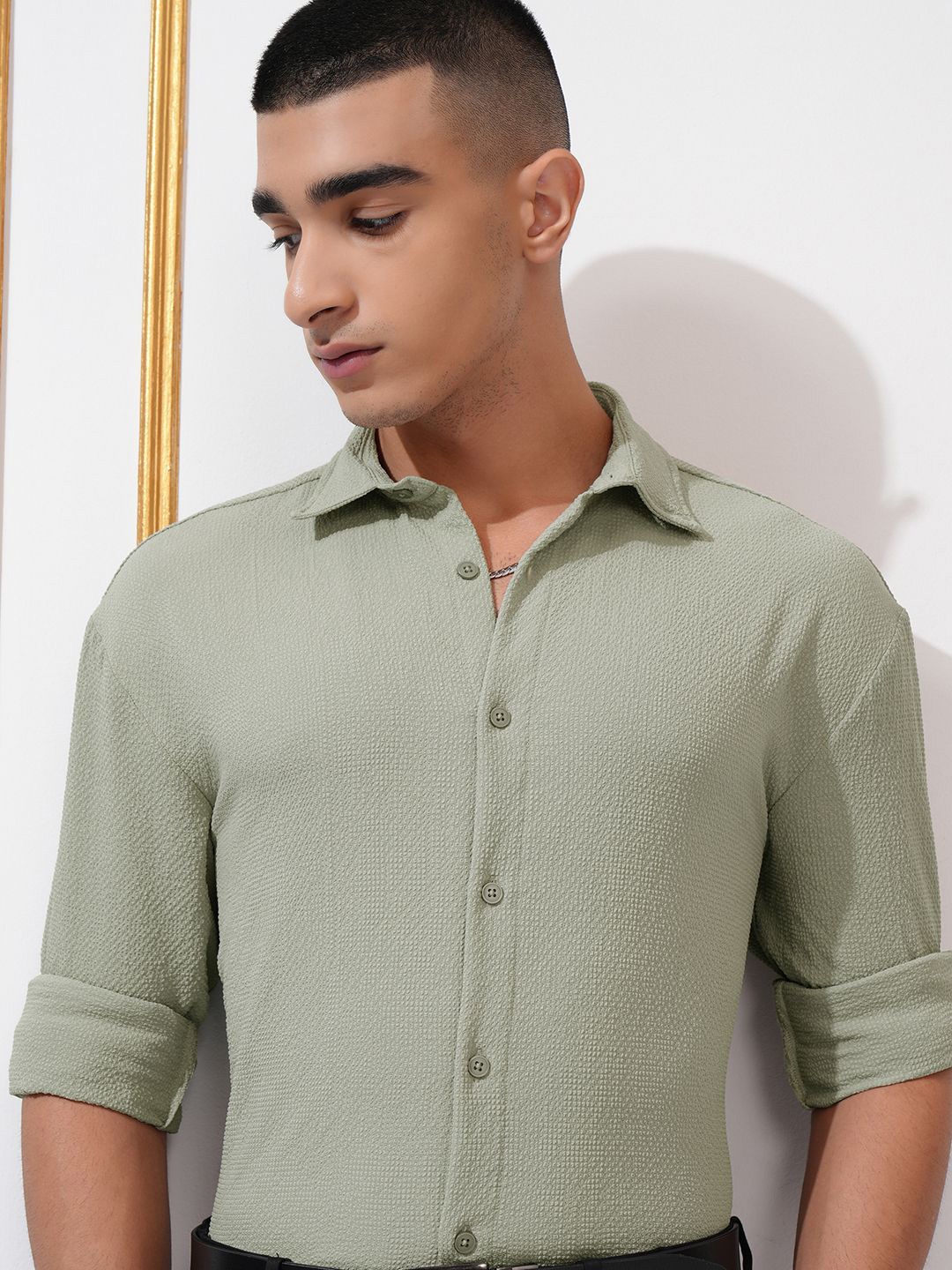 

Highlander Men Olive Popcorn Textured Solid Relaxed Shirt