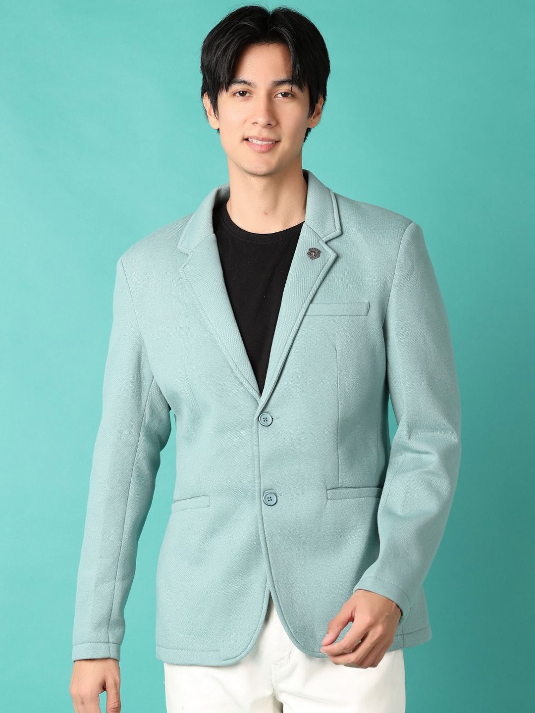 

V-Mart Notched Lapel Collar Cotton Single-Breasted Blazer, Green