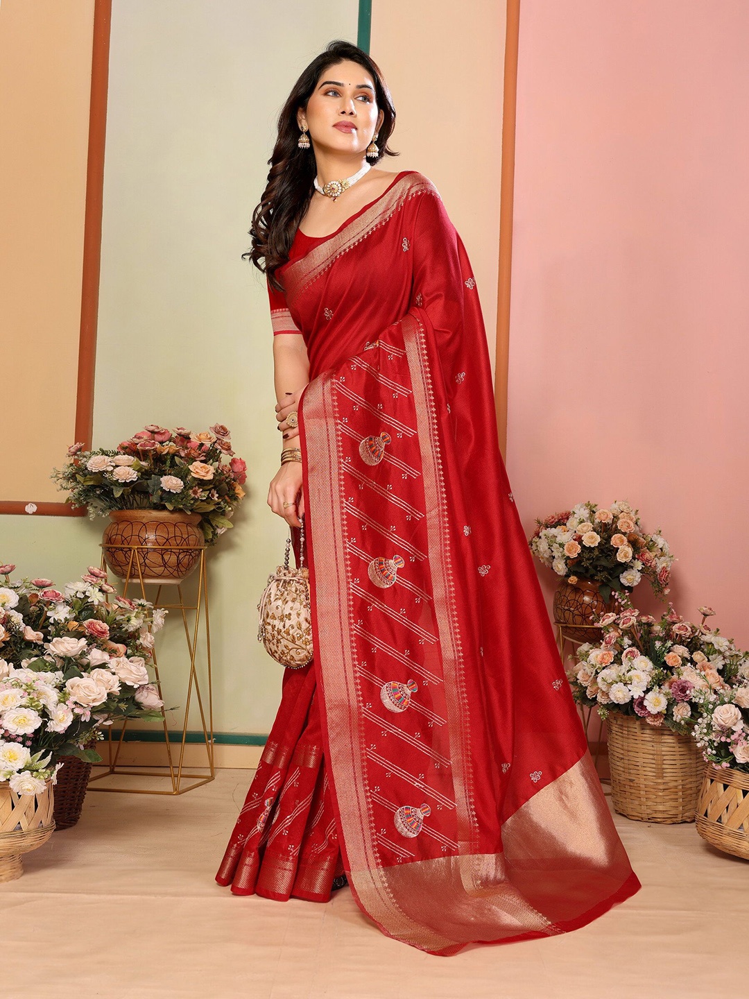 

Sidhidata Ethnic Motifs Zari Kanjeevaram Saree, Red