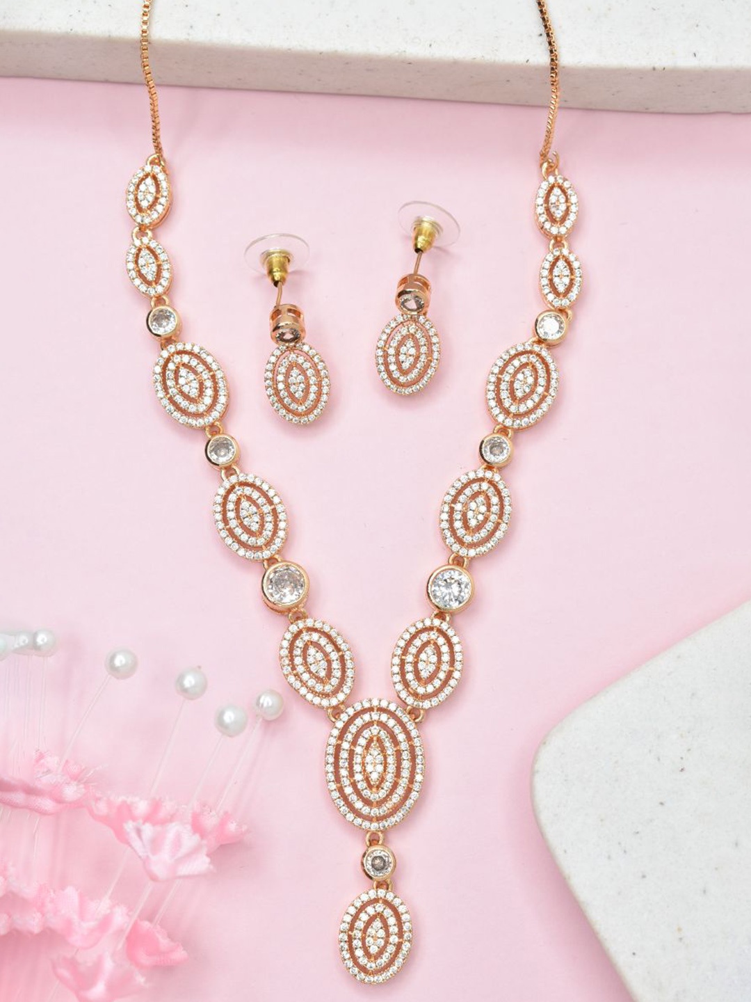 

MEIRA JEWELLERY Rose Gold-Plated AD Studded Jewellery Set