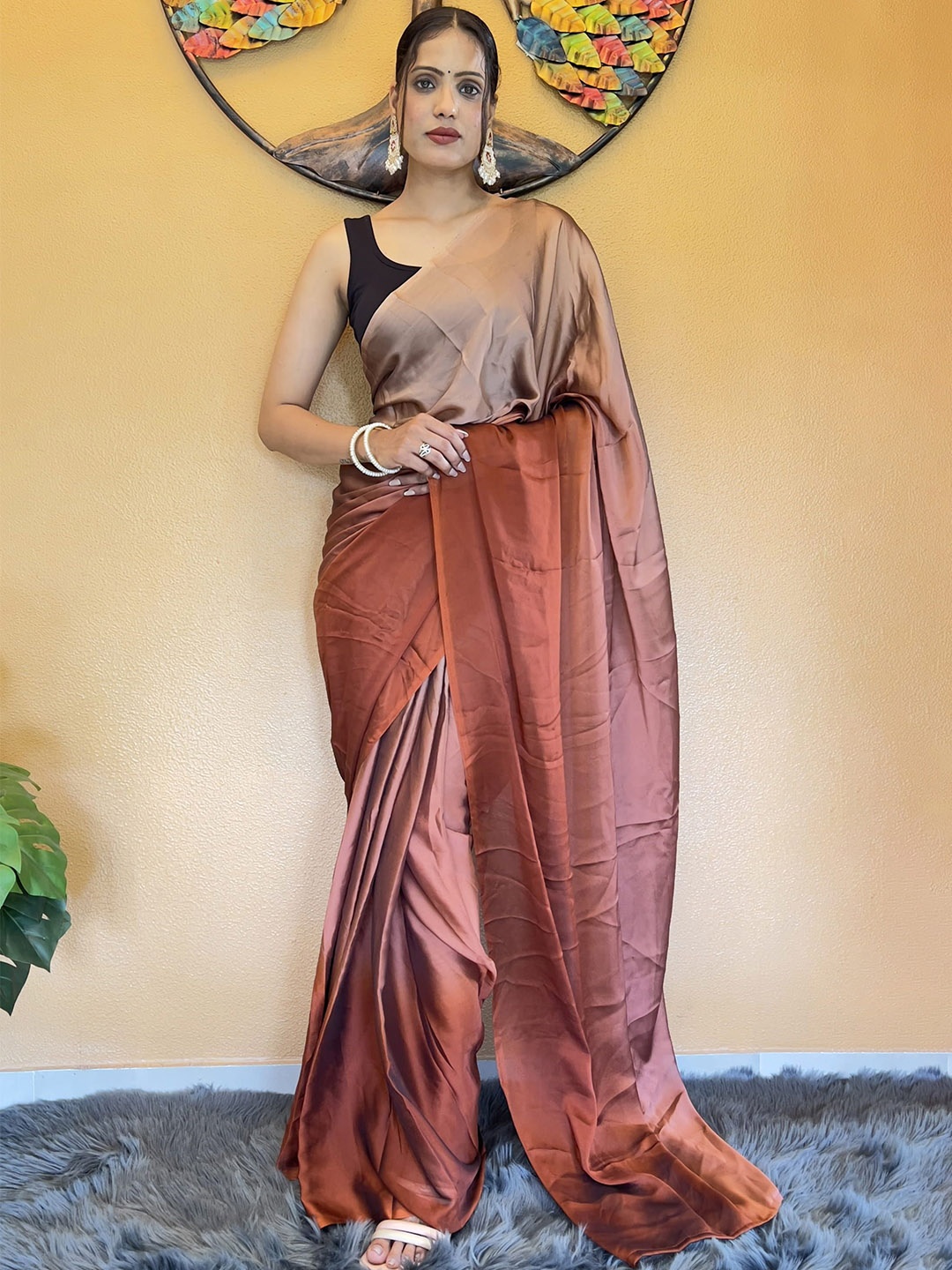 

V3 FASHION STUDIO Ombre Dyed Pure Chiffon Ready to Wear Jamdani Saree, Red