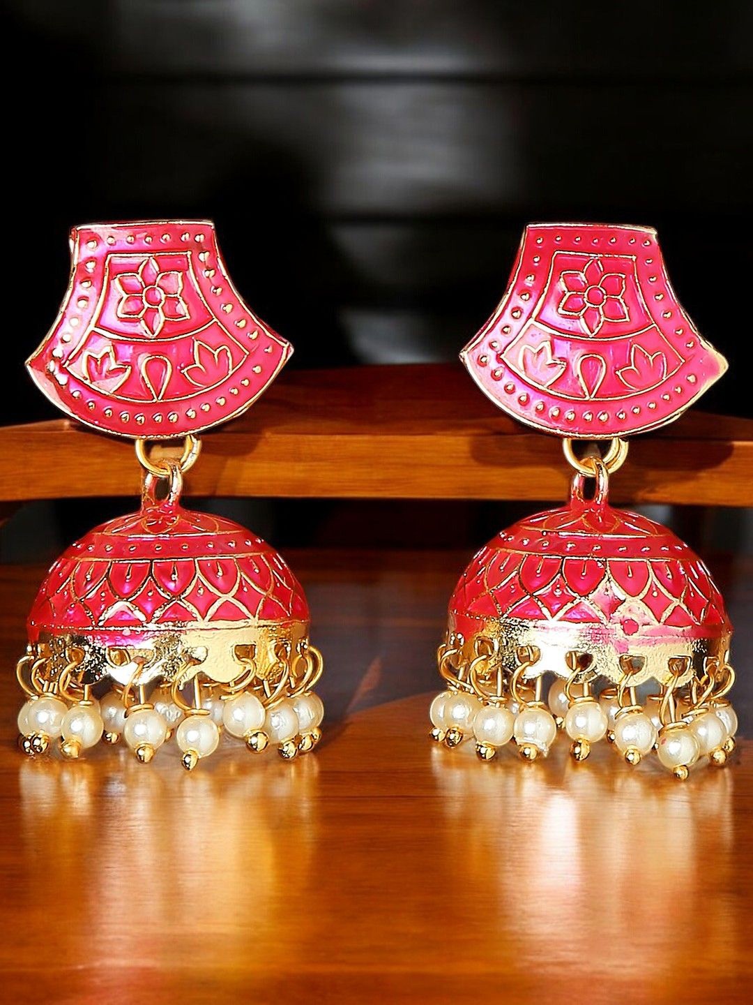 

OOMPH Beaded Meenakari Dome Shaped Jhumkas, Pink