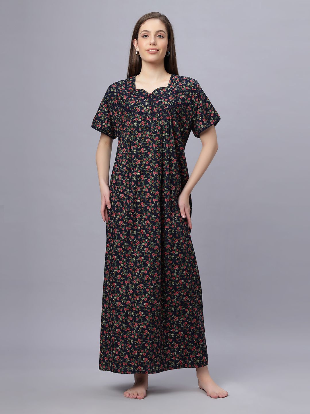 

QUIRA Women Floral Printed Maxi Nightdress, Blue