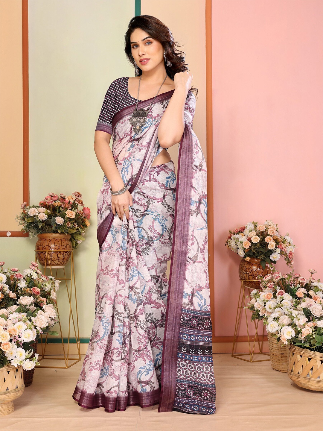 

Sidhidata Floral Printed Chanderi Saree, Purple