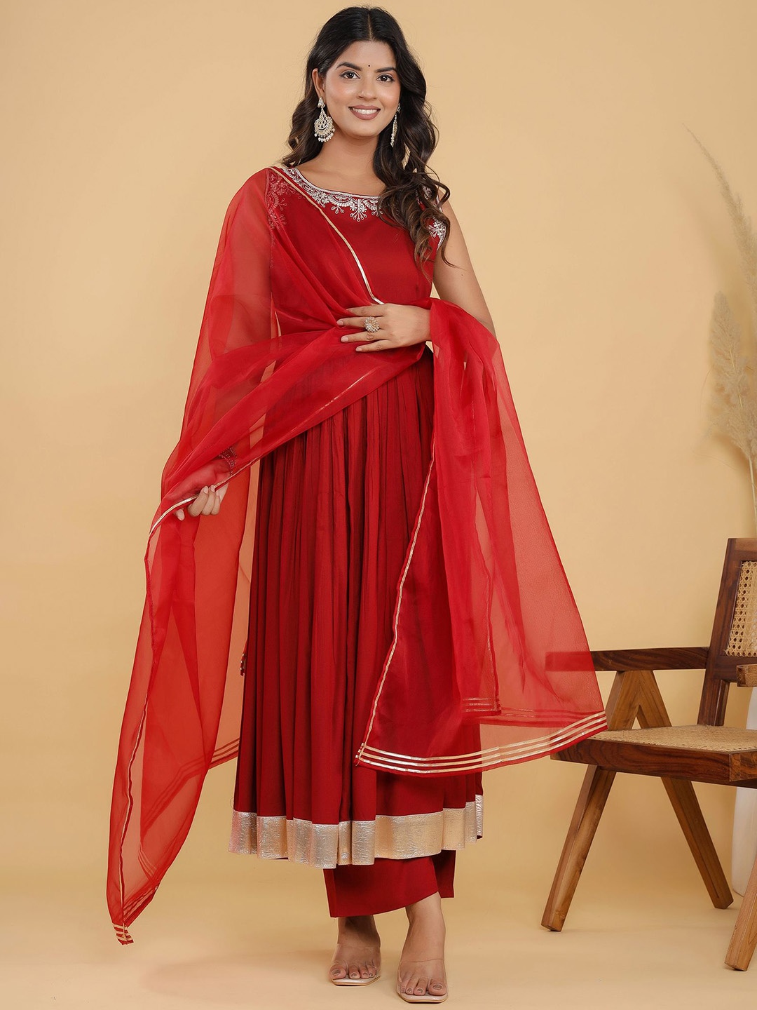 

Neemiya Floral Yoke Design Thread Work Anarkali Kurta With Trousers & Dupatta, Maroon