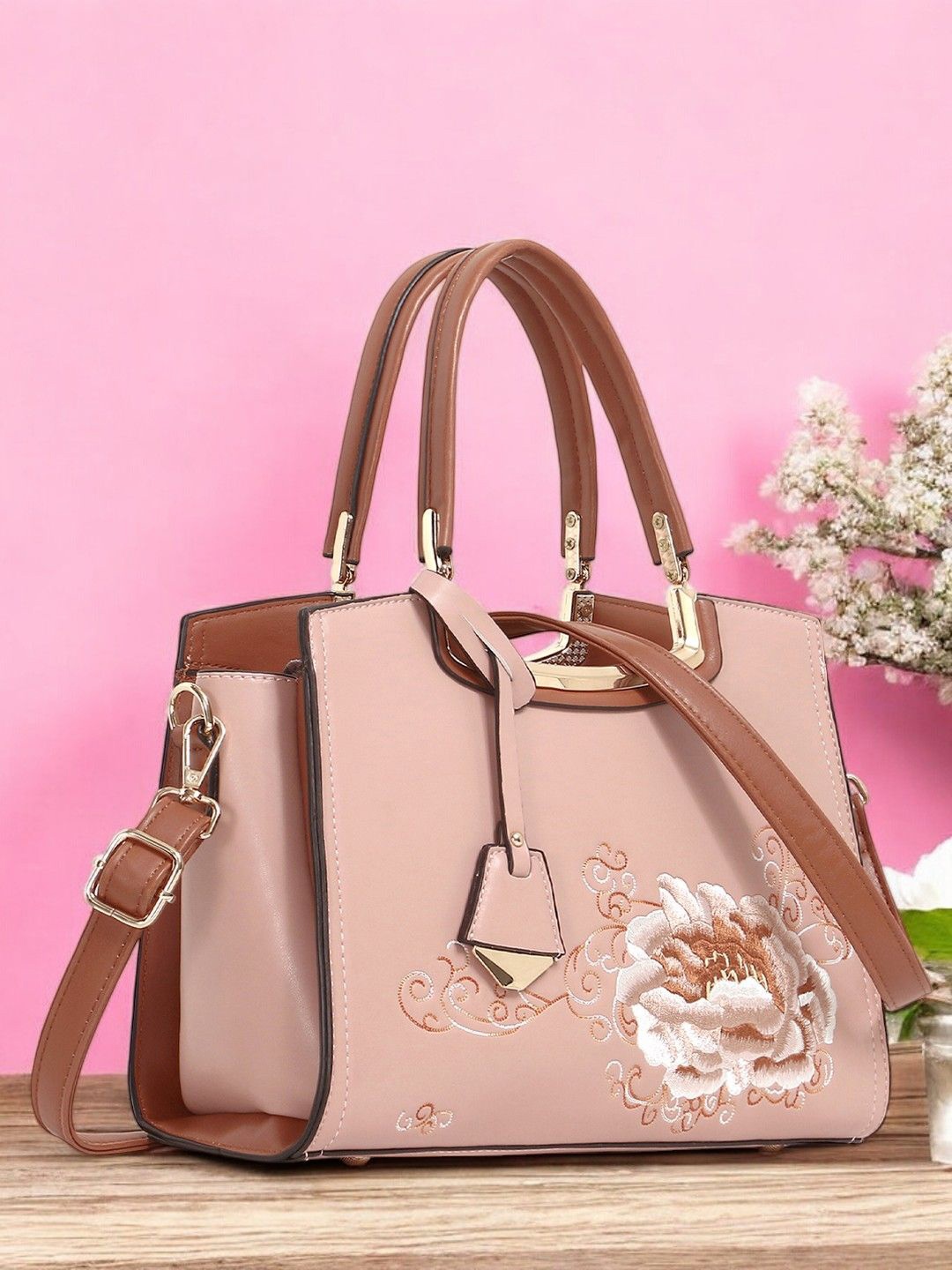 

Exotic Women Floral Printed Structured Handheld Bag, Beige