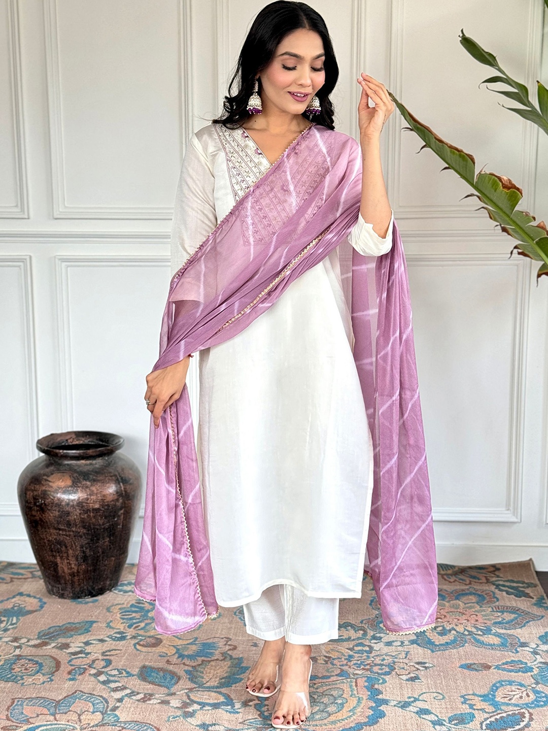

KALINI Embroidered Kurta With Trousers & Dupatta, White