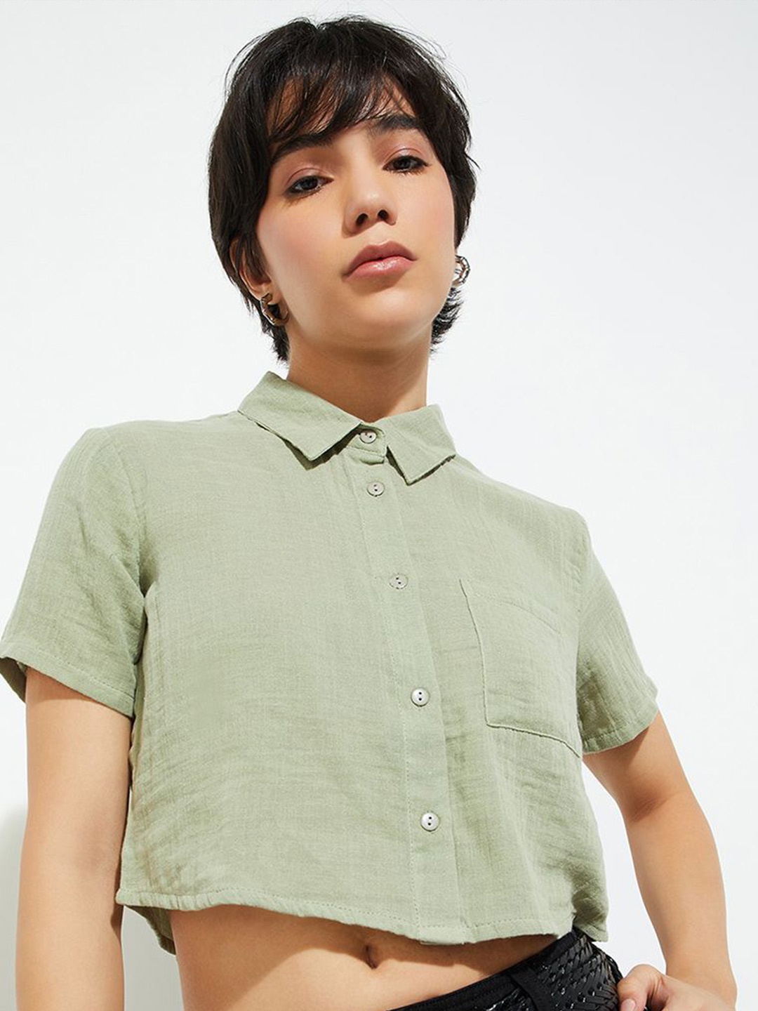 

Max URB_N Women Crinkled Crop Shirt, Green