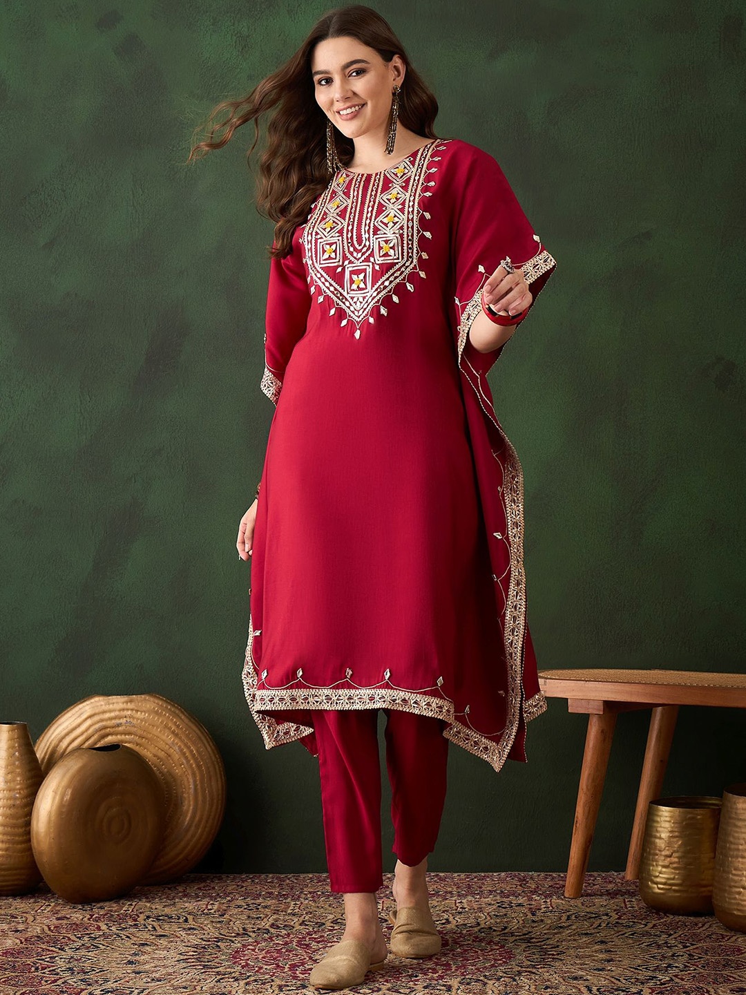 

Sangria Floral Embroidered & Mirror Work Kaftan Kurta With Trousers, Maroon