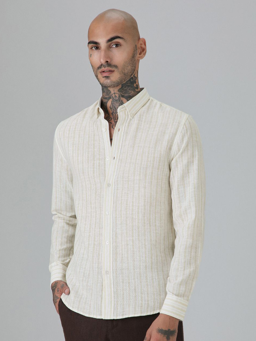 

Banana Club Men Classic Slim Fit Semi Sheer Striped Casual Shirt, Beige