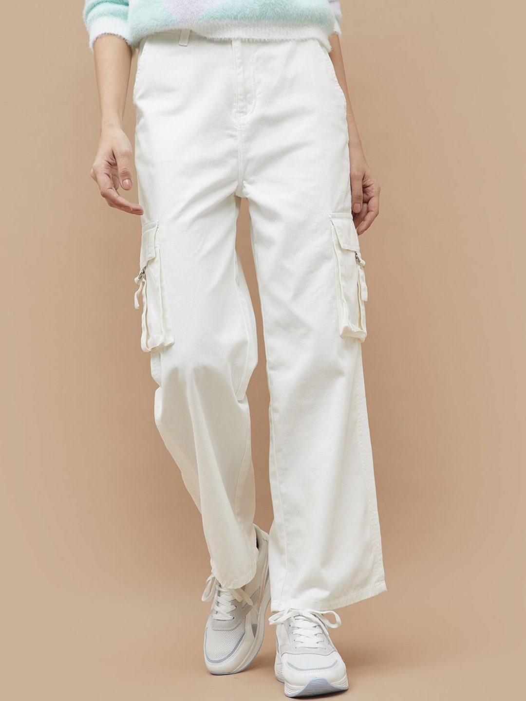 

Ginger by Lifestyle Women Cotton Mid-Rise Cargos Trousers, Off white