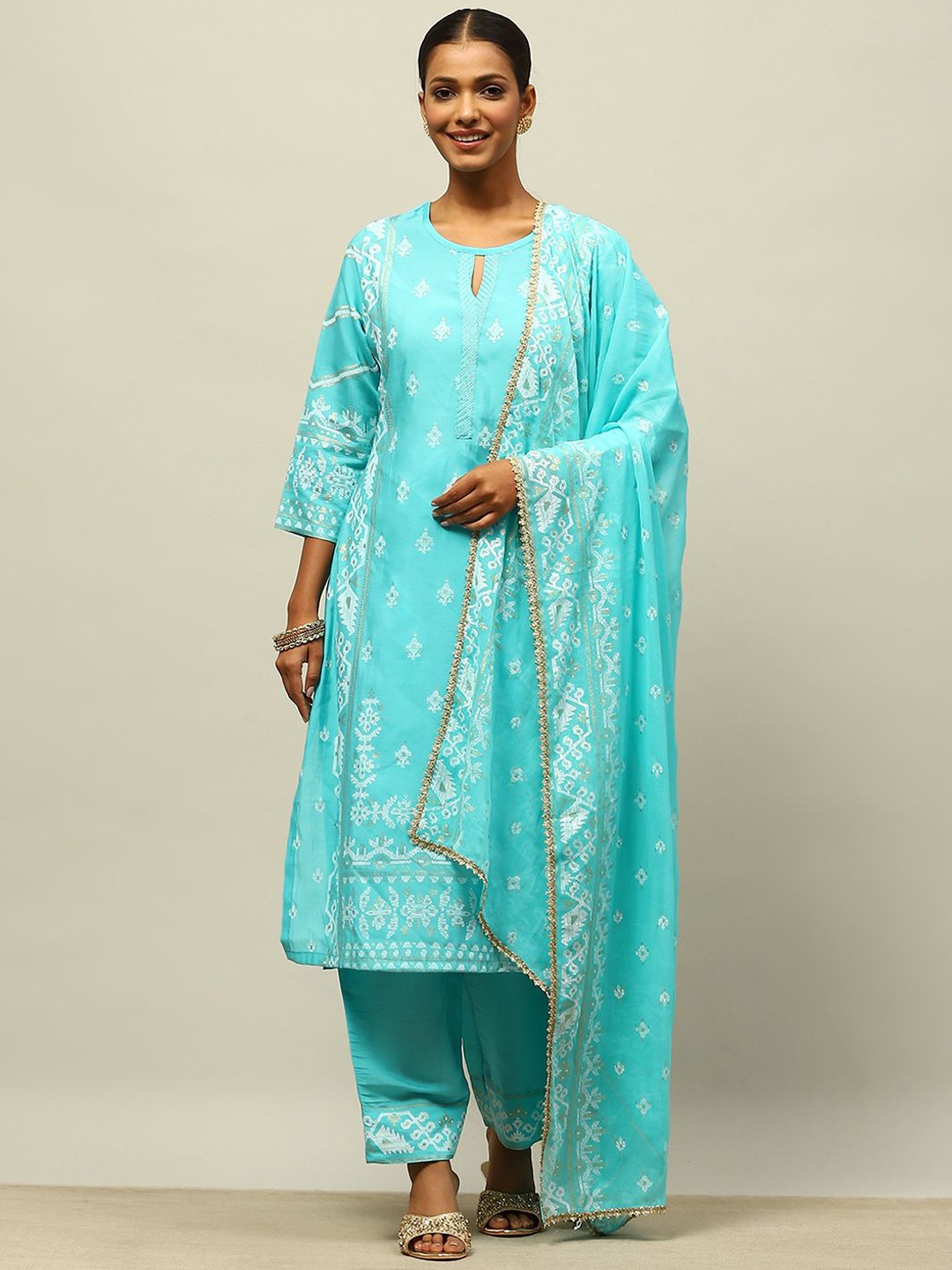 

Rangriti Floral Woven Design Straight Kurta, Blue