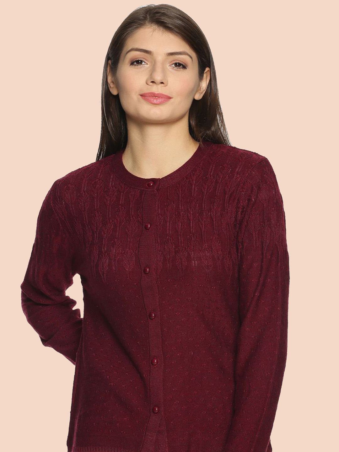 

CLAPTON Women Cable Knit Woollen Cardigan, Maroon