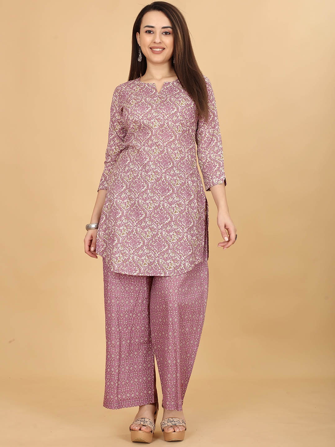 

CHANSI Ethnic Motifs Printed Straight Kurti With Palazzo, Mauve