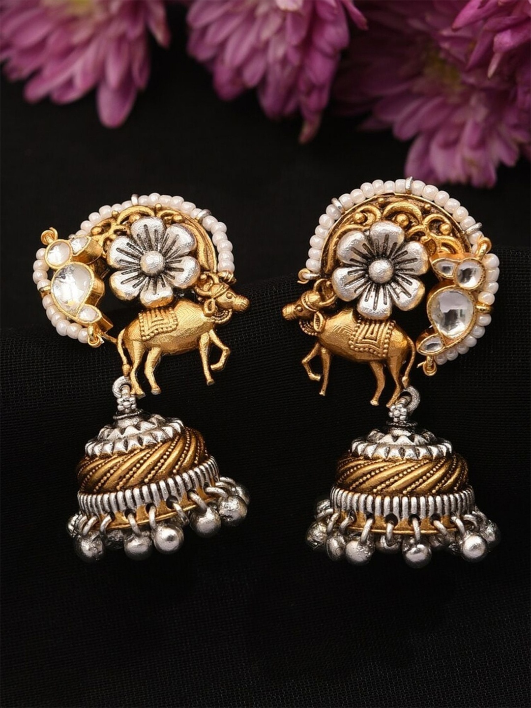 

ABDESIGNS Gold-Plated Dome Shaped Stone Studded Jhumkas