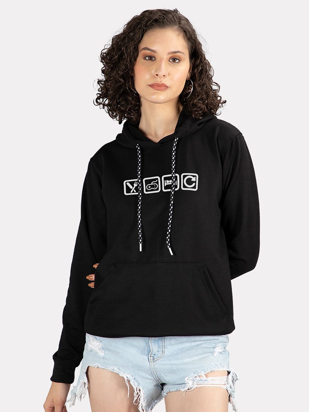 

Mad Over Print Women Graphic Printed Long Sleeves Hooded Sweatshirt, Black