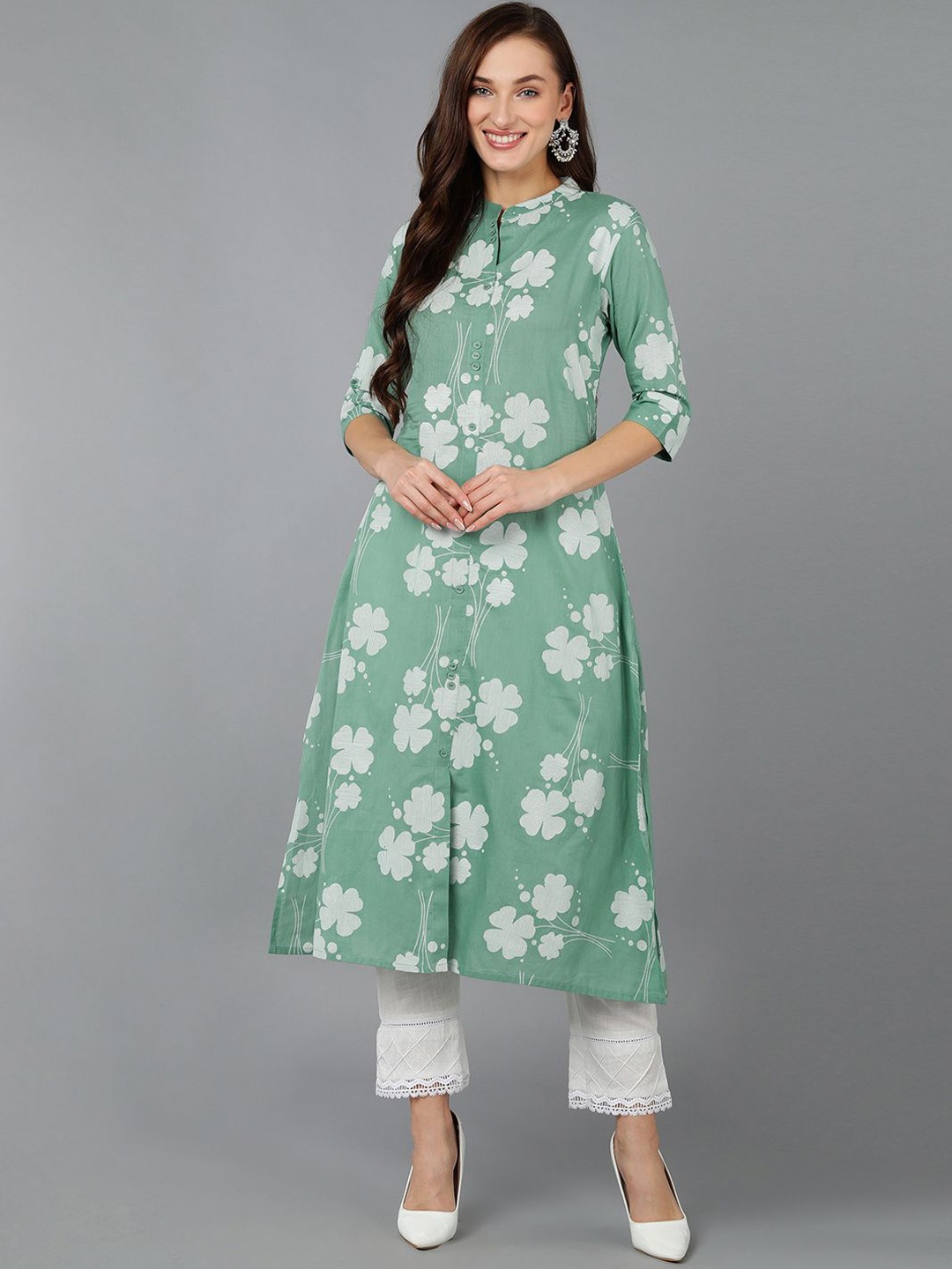 

KALINI Floral Printed Mandarin Collar Cotton A-Line Kurta, Green