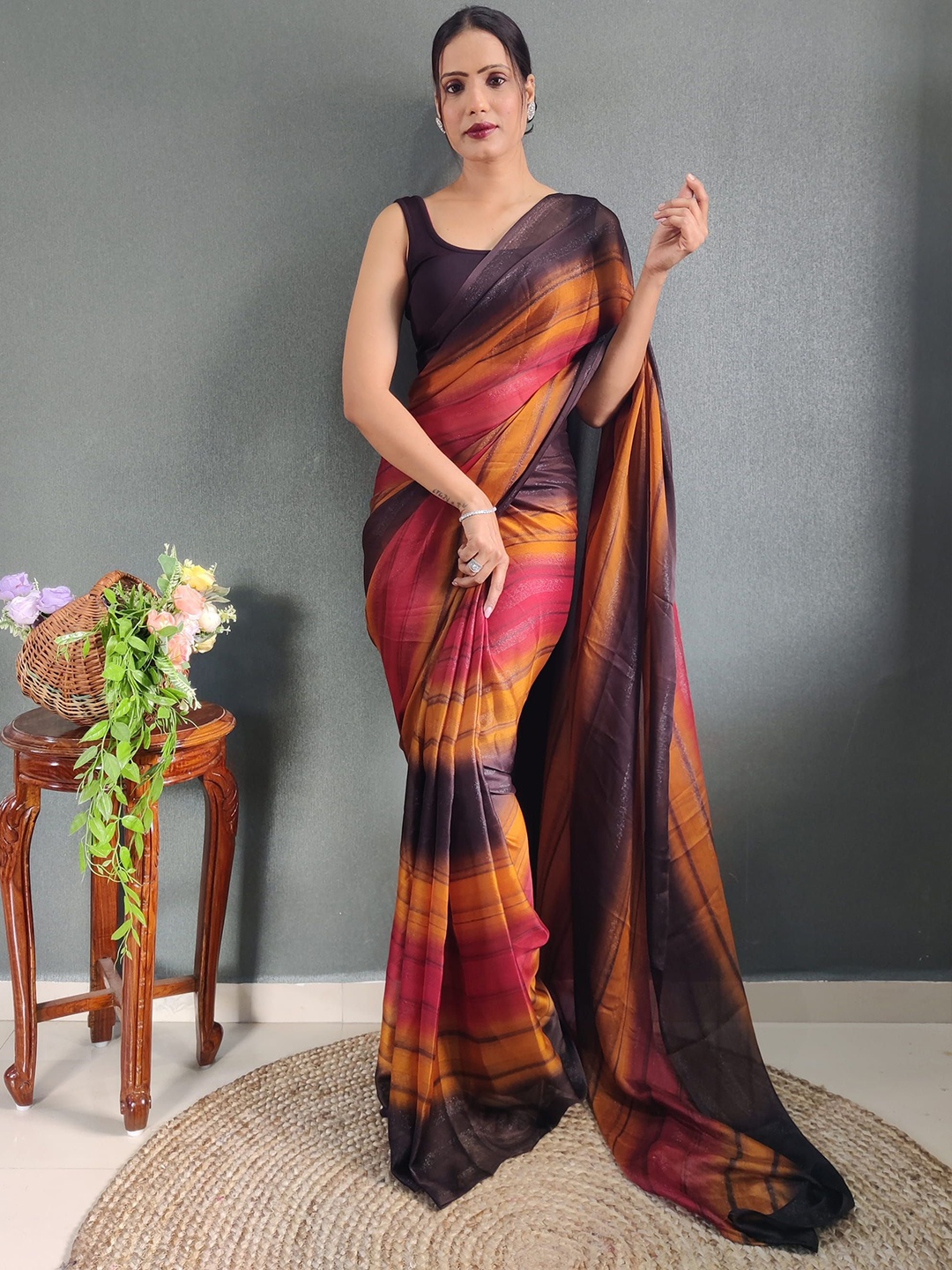 

V3 FASHION STUDIO Ombre Pure Crepe Ready to Wear Saree, Orange