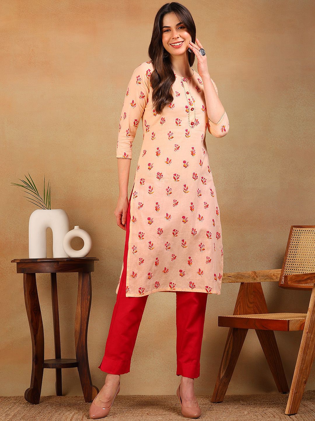 

KALINI Floral Printed Gotta Patti Cotton Straight Kurta, Peach