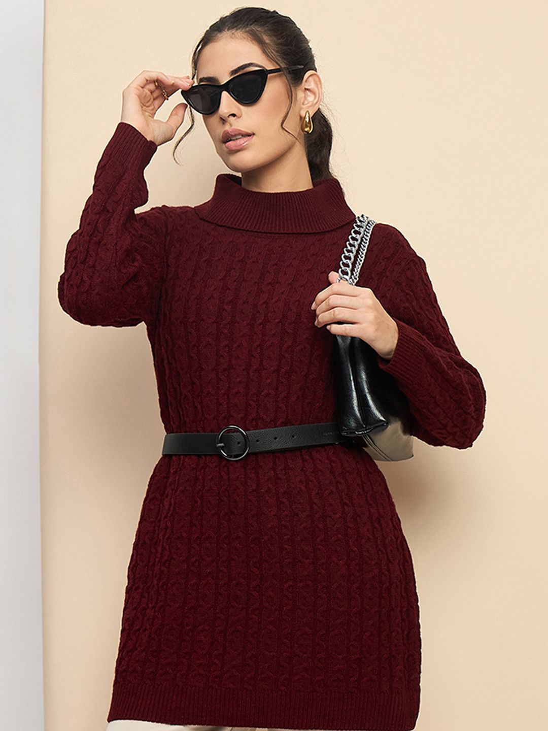 

CLAPTON Women Woollen Cable Knit Sweater, Maroon