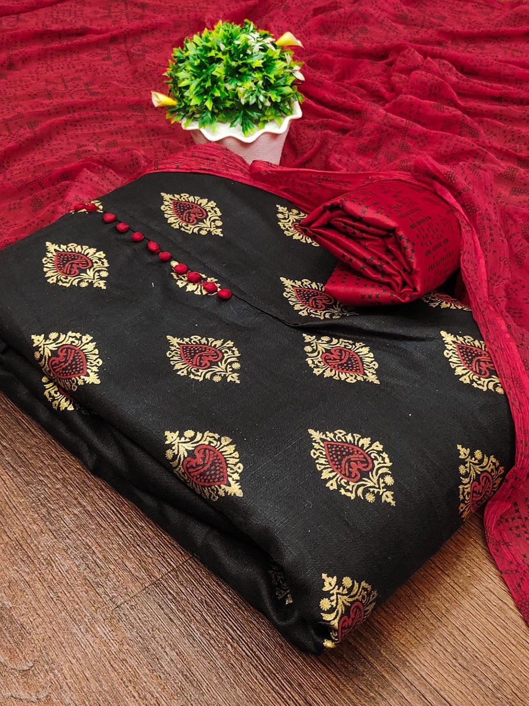 

KALINI Ethnic Motifs Printed Cotton Unstitched Dress Material, Red