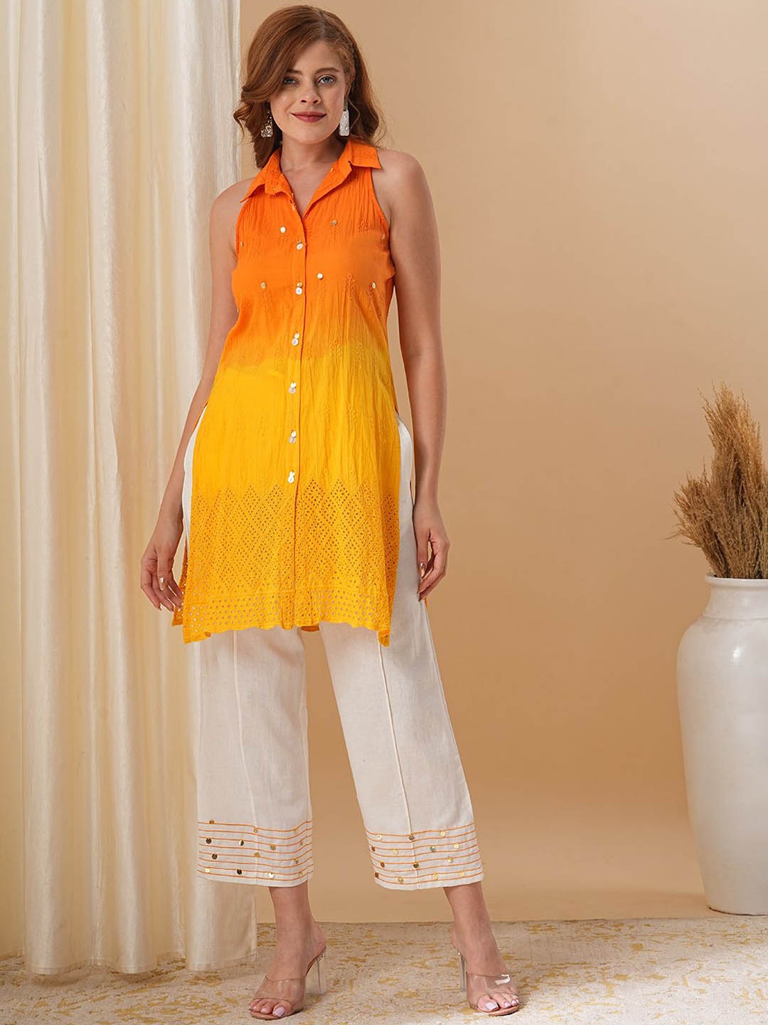 

FASHOR Ombre Dyed Sraight Sequinned Pure Cotton Kurta with Palazzos, Orange